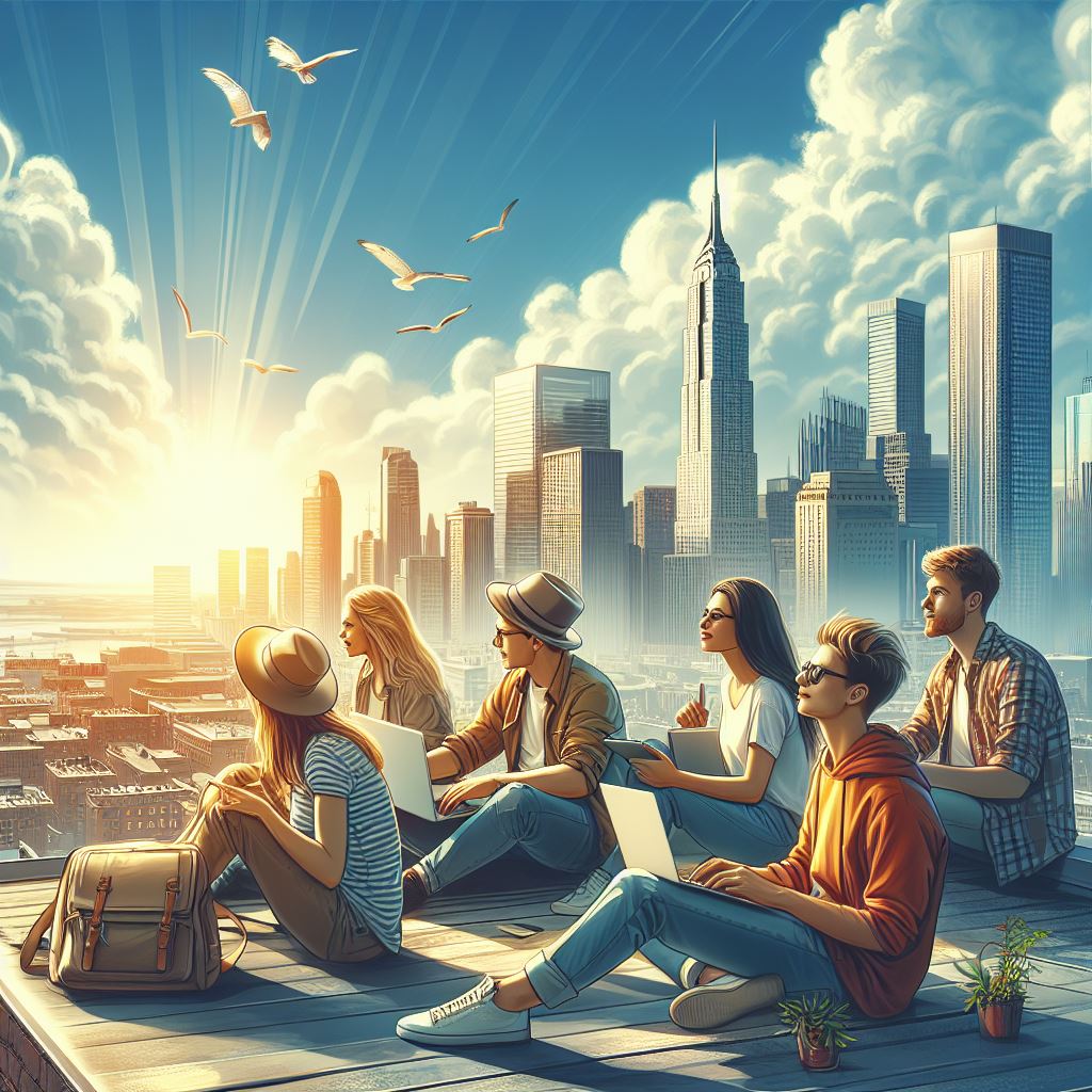 Image showing people with their laptops overlooking a modern city. They can be referred to as digital nomads
