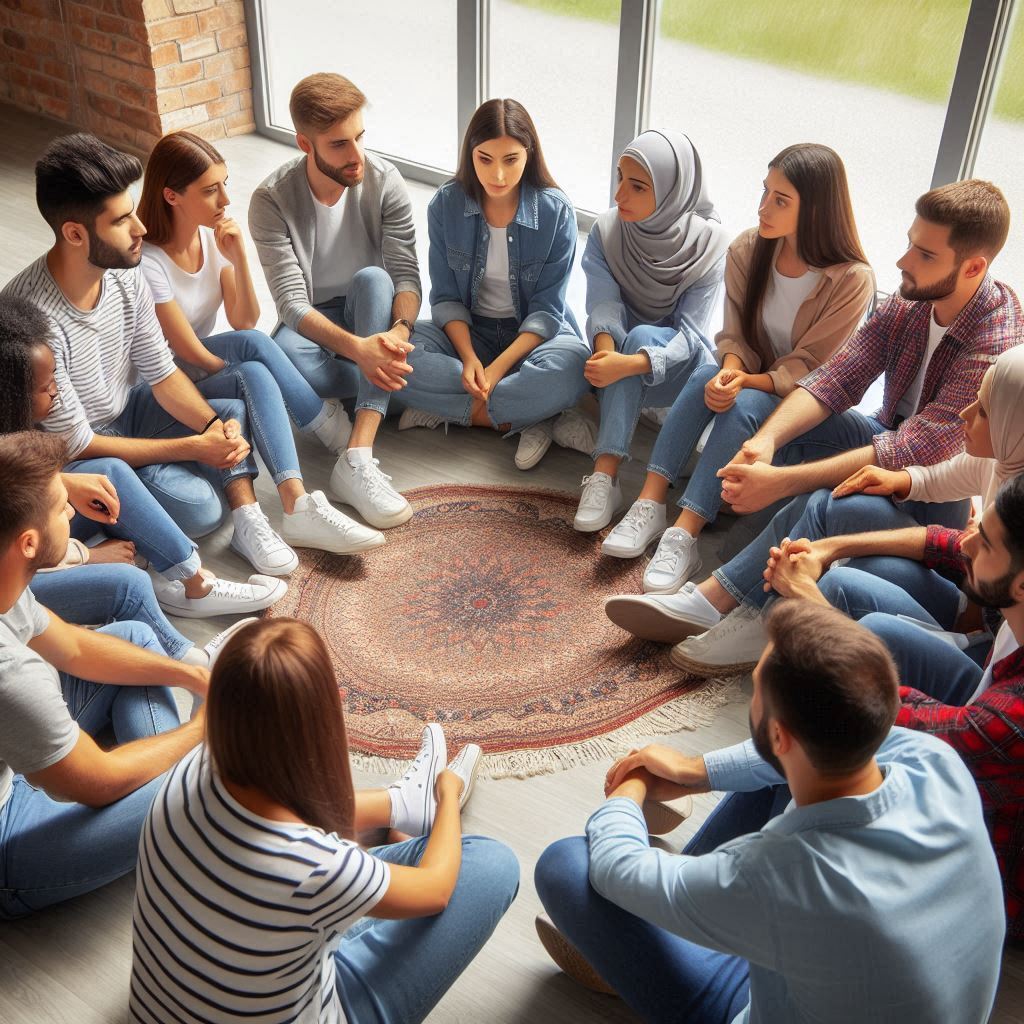 Illustration showing immigrants from various backgrounds receiving counseling and emotional support.